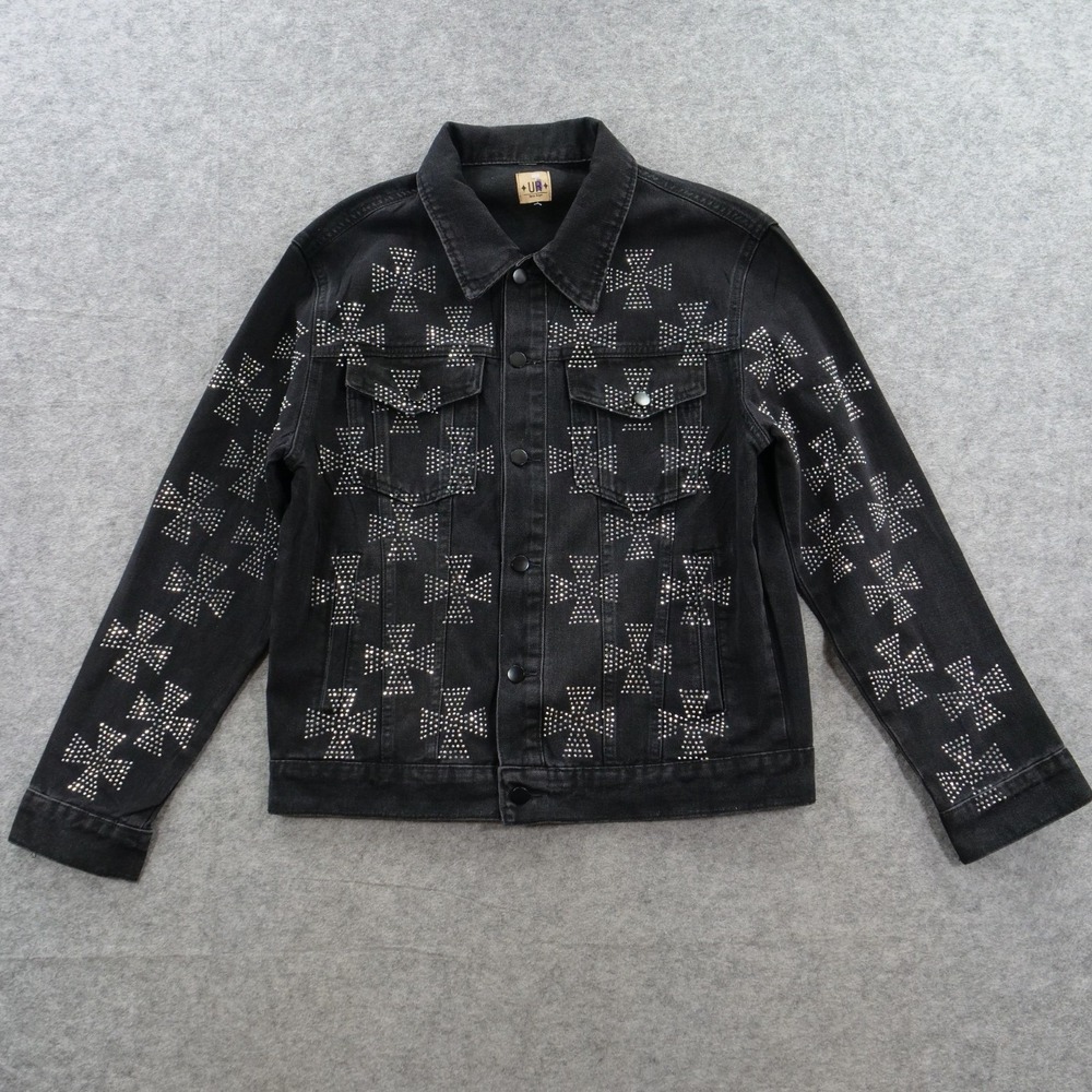 Uncle Ralph Denim Jacket Womens Large Black Rhinestones Jean Cross Pattern